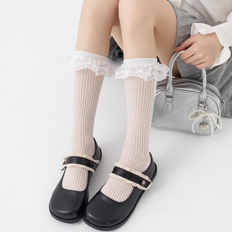 Women's Spring and Summer Thin Lace Lace Medium Tube Boneless Cotton Socks