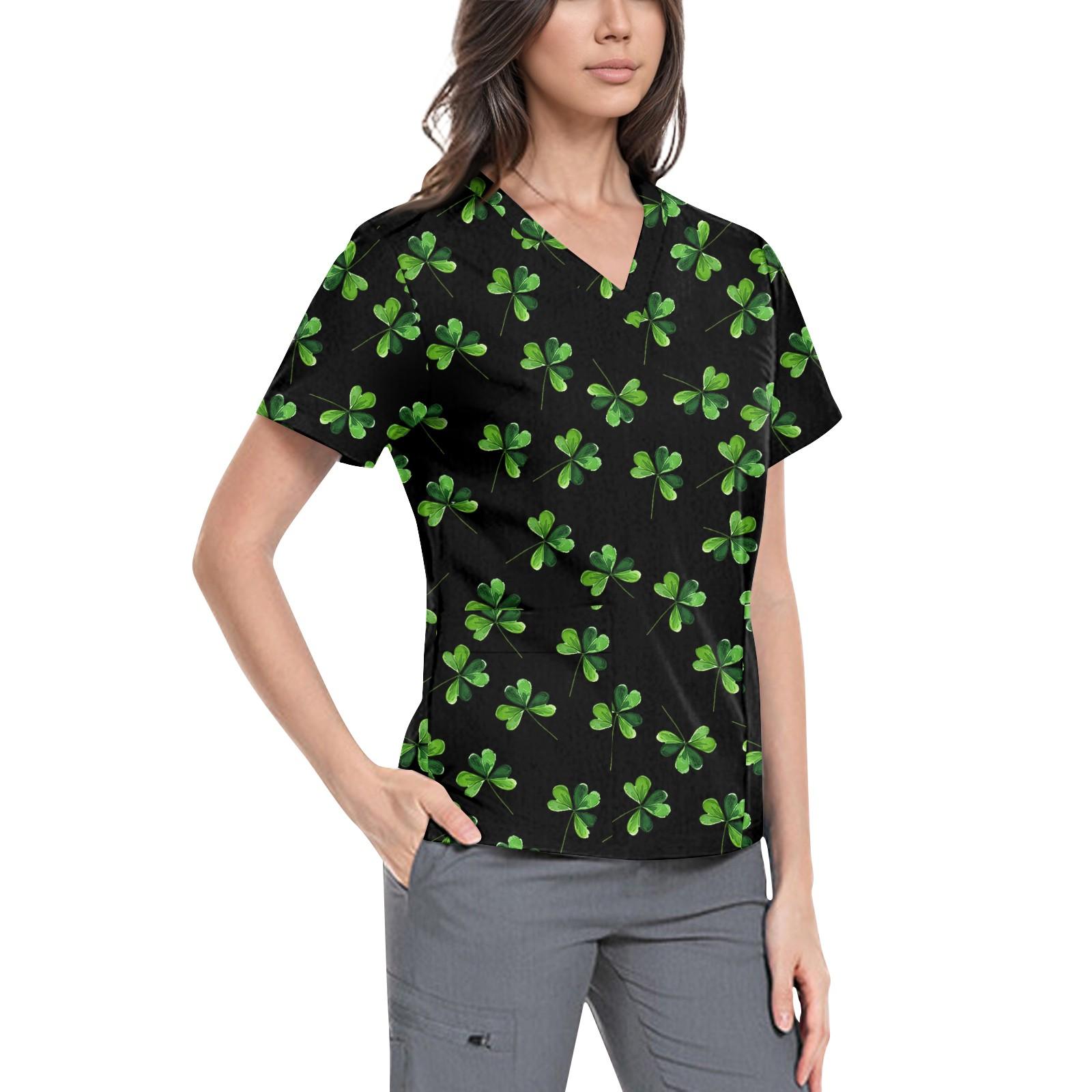 

Женская симпатичная принтованная рабочая одежда с V-образным вырезом, двухслойными карманами, базовым коротким рукавом, пуловером L чёрный