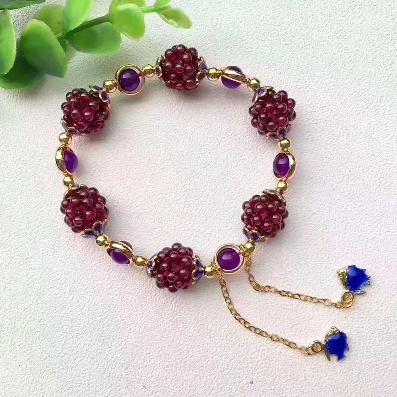 3mm Natural Garnet Flower Ball Crystal Bracelets Fashion Women Woven Transfer  Cloisonné Tassel Bangles Party Jewelry