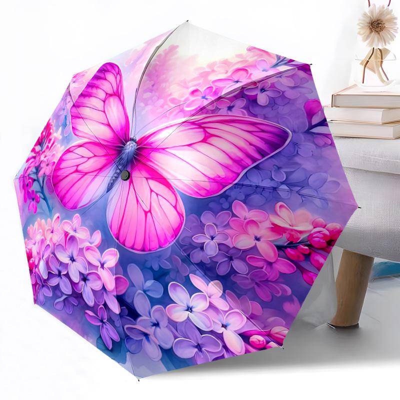 1pc Purple Butterfly Garden Automatic Umbrella with 8 Rib Sturdy Construction All Season Women's Umbrella for Travel Fashion Lovers Birthday Y10