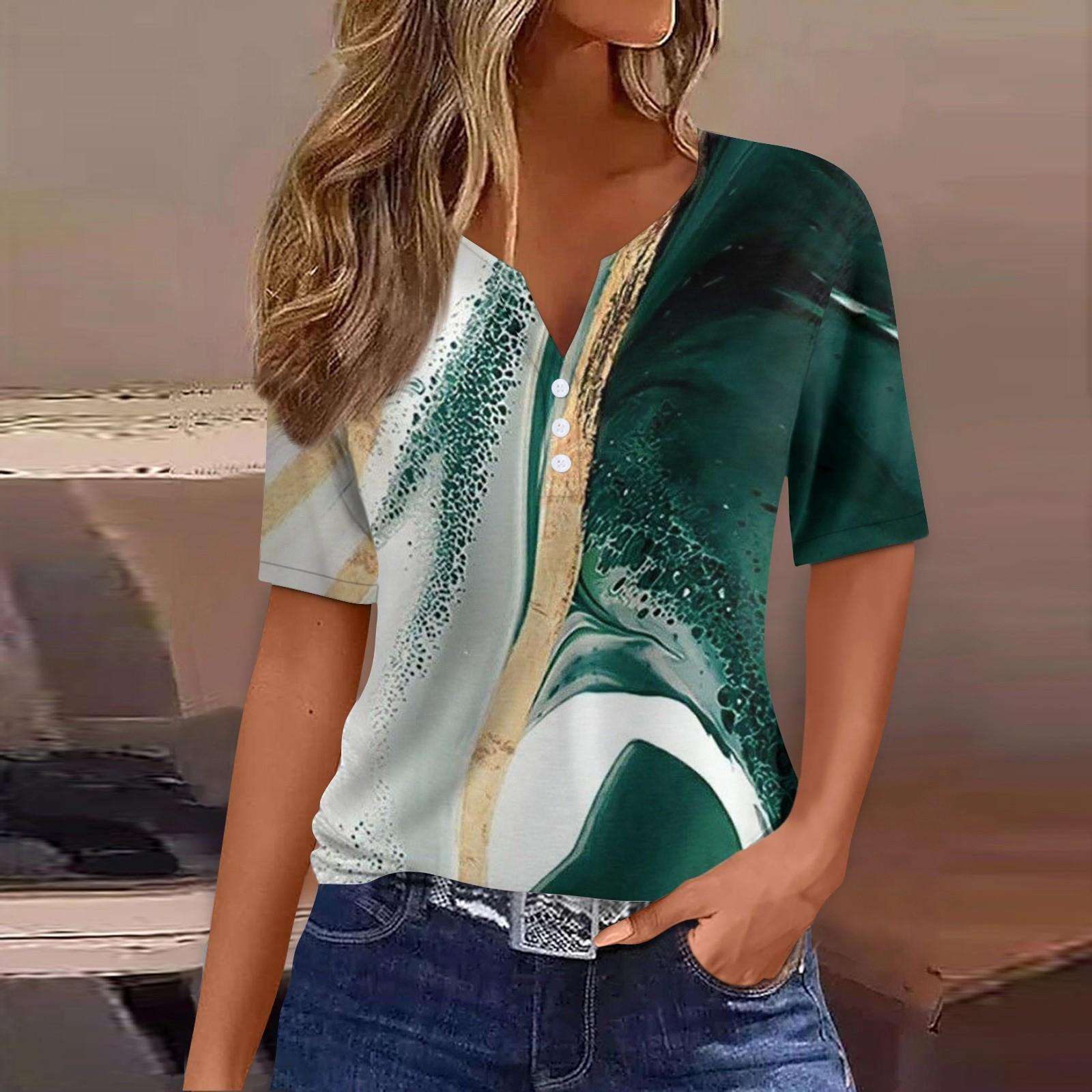 

Жен. Футболка Футболка С принтом Пуговицы С короткими рукавами Повседневные Выходные Мода Классический V-образный вырез Обычный Верх XXL зелёный