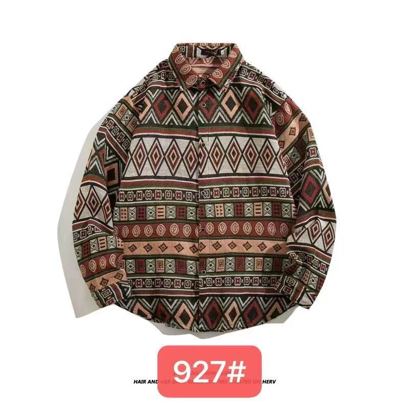 Men's Cuban Vintage Retro Long Sleeve Shirt Japanese Ethnic Style Autumn Winter Casual Button Down