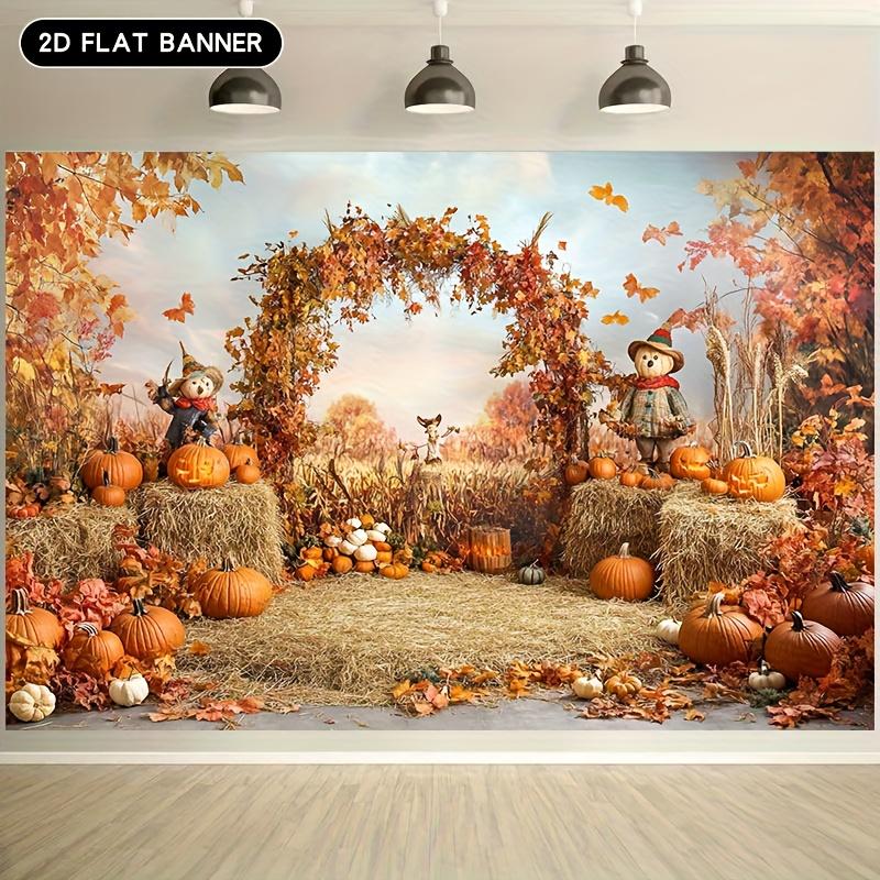2dflat banner, Harvest Pumpkin Thanksgiving Background - Autumn landscape with scarecrow, haystack and pumpkins 150X100