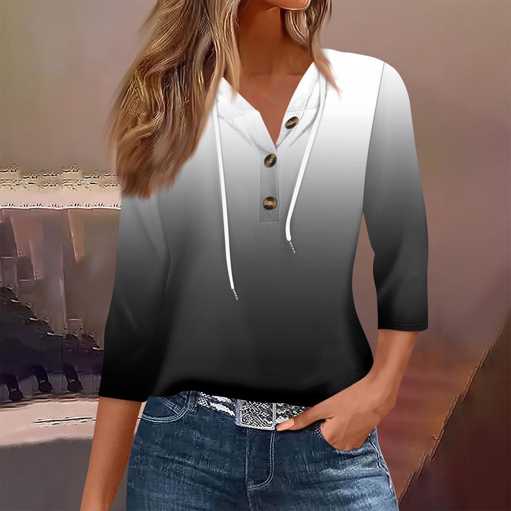 Women's Fashion Seven Split Sleeve Button Casual Hooded Printed T-Shirt Top