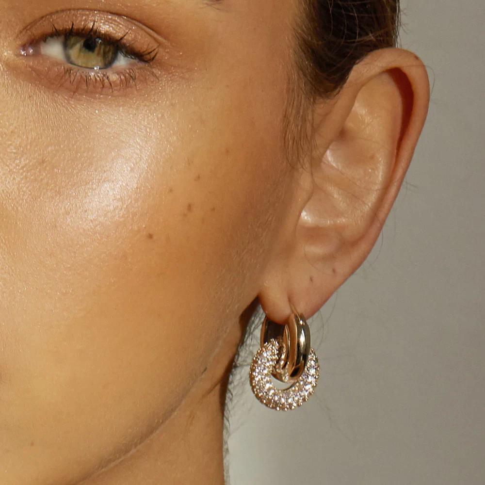 Classic Gold Plated Twisted Huggies Earrings with Full CZ Zirconia Geometric Oval Circle Charms Drop Dangle Earring Punk Jewelry