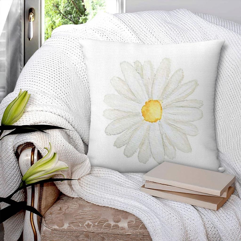 Hand Painted One Little White Daisy Watercolor Square Pillowcase Pillow Cover Cushion Decor Comfort Throw Pillow for Home Car