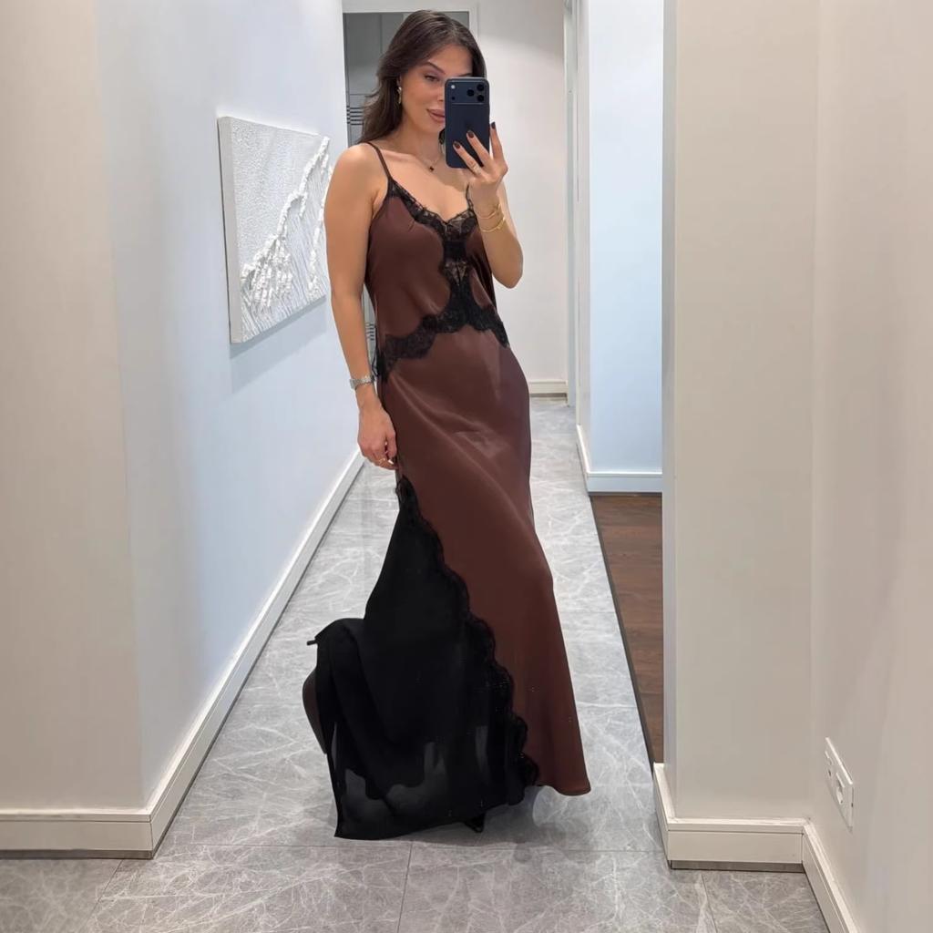 Women's new spring sexy lace suspender dress fashionable splicing satin floor mopping dress women