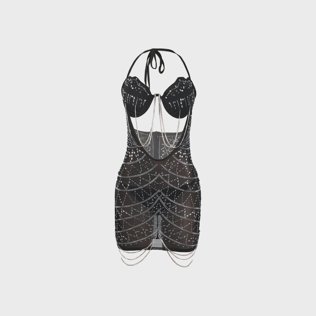 European & American Sexy Diamond Tassel Slimming See-Through Dress K2735