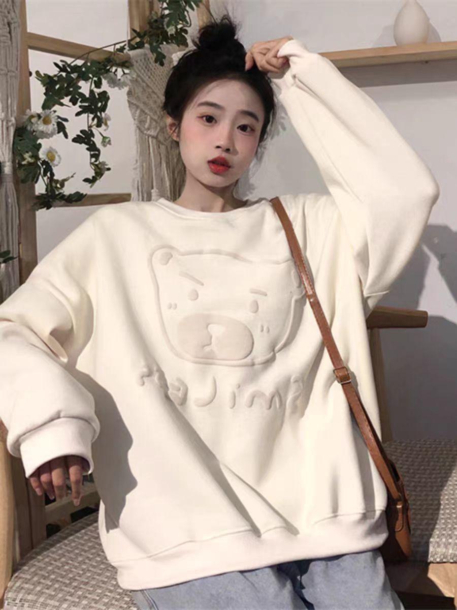 

Женский худи больших размеров с длинным рукавом на осень, в корейском стиле, оверсайз, свободный, повседневный, милый свитшот с принтом медведя, с круглым вырезом, топы XXXXL белый