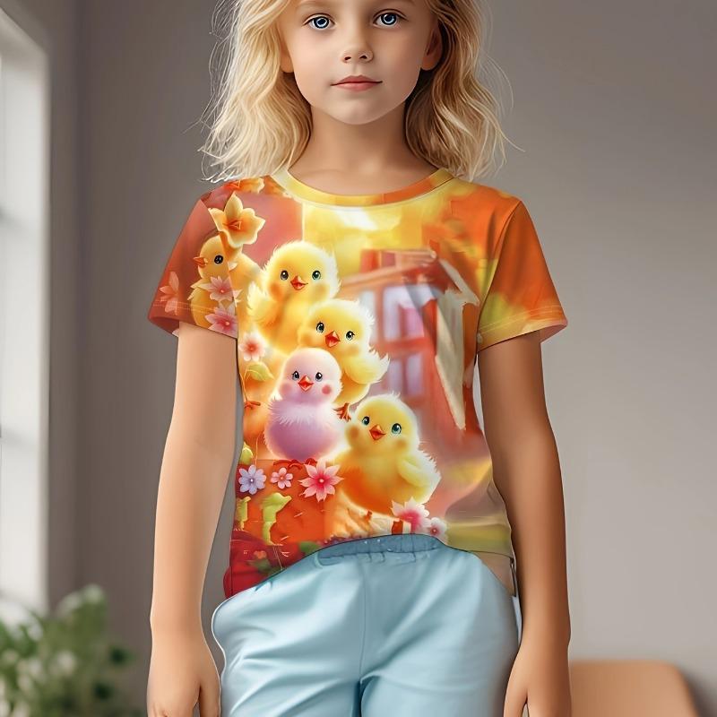 Children's Clothing Girl T-Shirts Short Sleeve Children's T-Shirts Cartoon Bird Print Creative O-Neck Tops Kids Summer Clothes