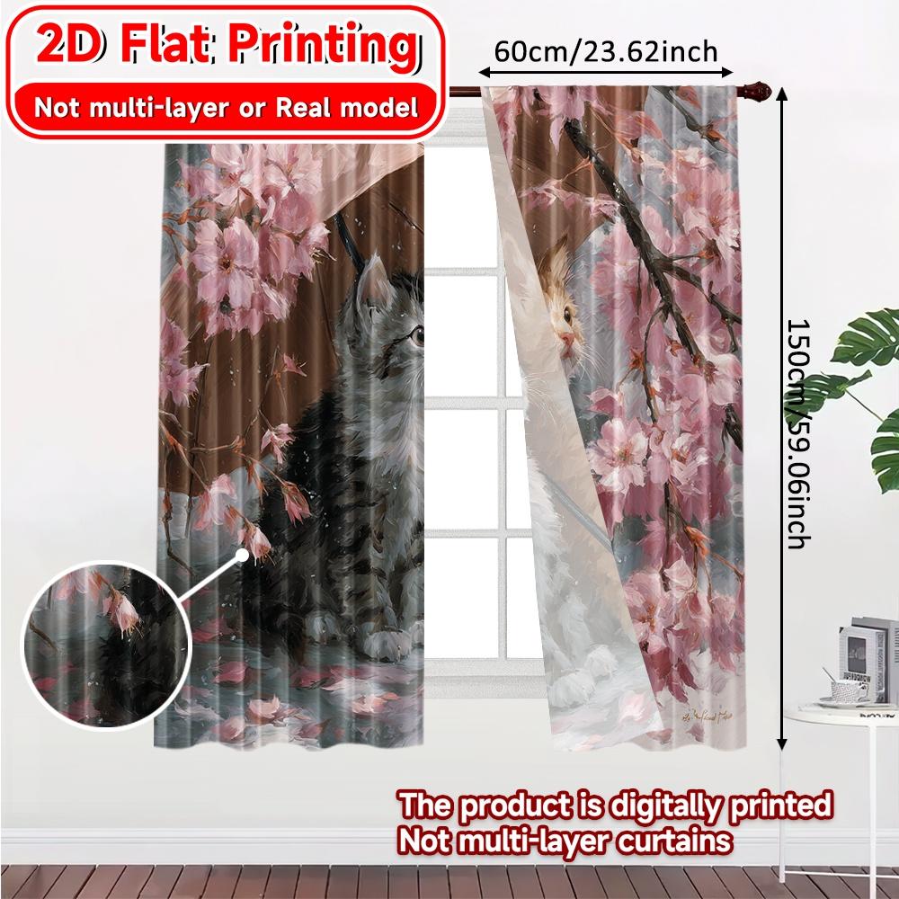 Set Of 2 Flat Printing Blossom Kittens Chic Curtain Durable Polyester Fabric Curtains Home Decor Suitable Living