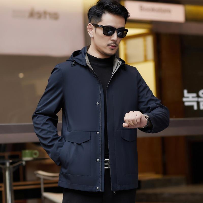 

Весенне-осенняя куртка из шелка Mulberry с капюшоном, мужская, среднего возраста, деловая, повседневная, тонкая, средней длины, одежда для папы, мужская куртка 195