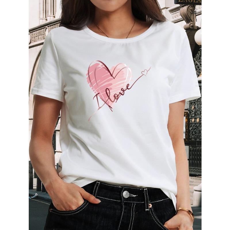 

European size Women S Heart Love Printed T-Shirt | Soft And Stretchy Short-Sleeved Crew Neck Casual Top, Medium Elasticity S белый