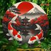 Koi & Fuji Metal Art. 7.8" round Japanese landscape for home, office or cafe. A festive gift.