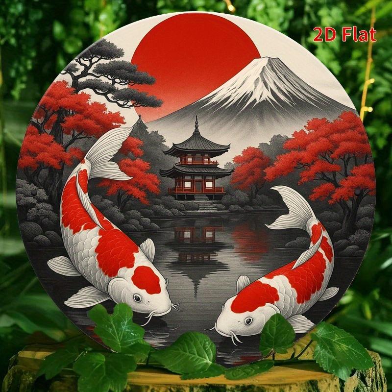 Koi & Fuji Metal Art. 7.8" round Japanese landscape for home, office or cafe. A festive gift.