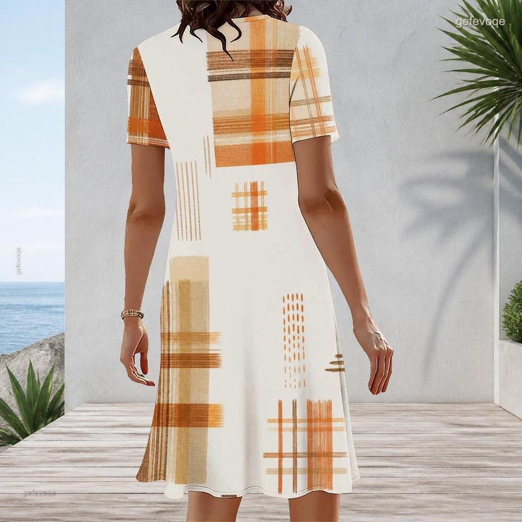 Women Plus Size Round Neck Short Sleeve Geometric Printed A Line Midi Dress