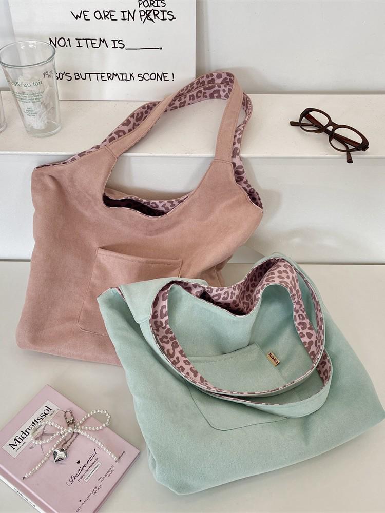 Korean Retro Leopard Print Suede Shoulder Bag - Chic Double-Sided Tote for Early Autumn