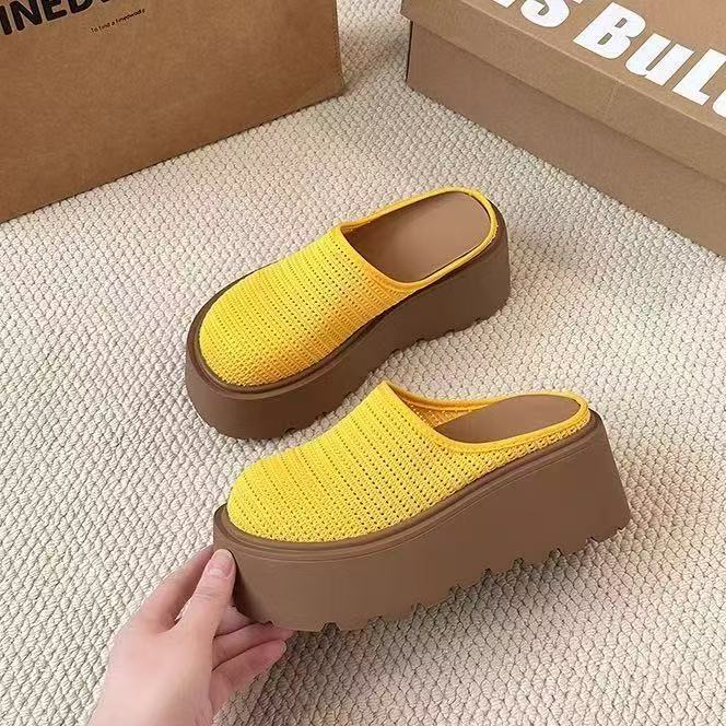 Thick-soled bag head half slippers women's outer wear 2025 summer new muffin soft bottom heightened hollow breathable slippers