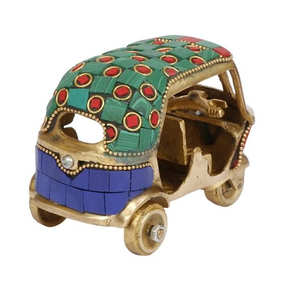 Brass Auto Rickshaw Multicolor Gemstone Handwork Statue Home Decor Fantasy Showpiece Gift.,7.6 X 6.4 Cm