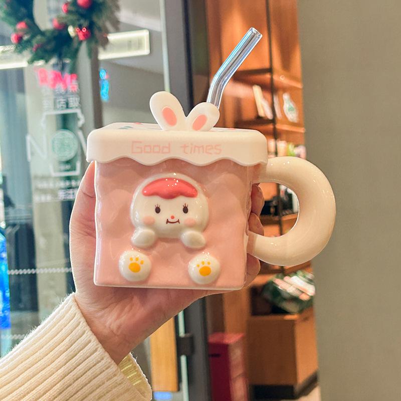 Girl's heart birthday gift cute three-dimensional rabbit ceramic mug with lid spoon girlfriend practical souvenir gift