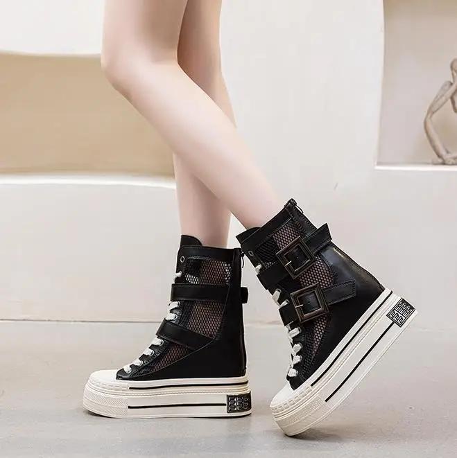 Fashion 12CM Hollow Patent Leather Summer Breathable Buckle Wedge Platform Wedge ZIP Fashion Sandals Casual Knee High Ankle Boots Shoes