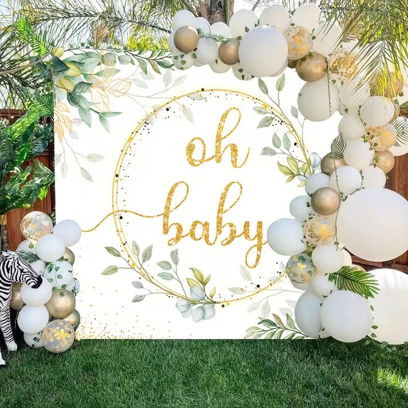 2D Flat Gold Glitter Oh Baby Banner Green Eucalyptus Gender Neutral Party Background Cloth