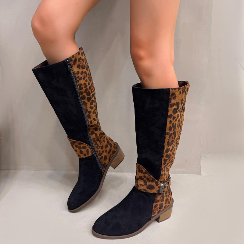 Fashion Leopard Spliced Metal Buckle High Boots Fashion Round Toe Suede Side Zipper Non-Slip Single Boots