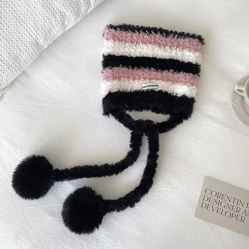 New Bag Hat Cute Color Matching Striped Letter Plush Ear Hat Warm and Versatile