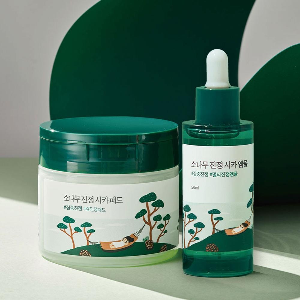 

Round Lab Pine Tree Успокаивающий Cica Pad 50 листов X Pine Tree Успокаивающая ампула большой емкости 50 мл Набор из 2 шт.