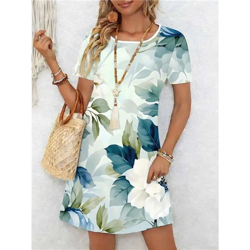 Fashionable Women s Crew Neck Dress3D Casual Color Printcasual Short-sleeve Crew Neck Dress S