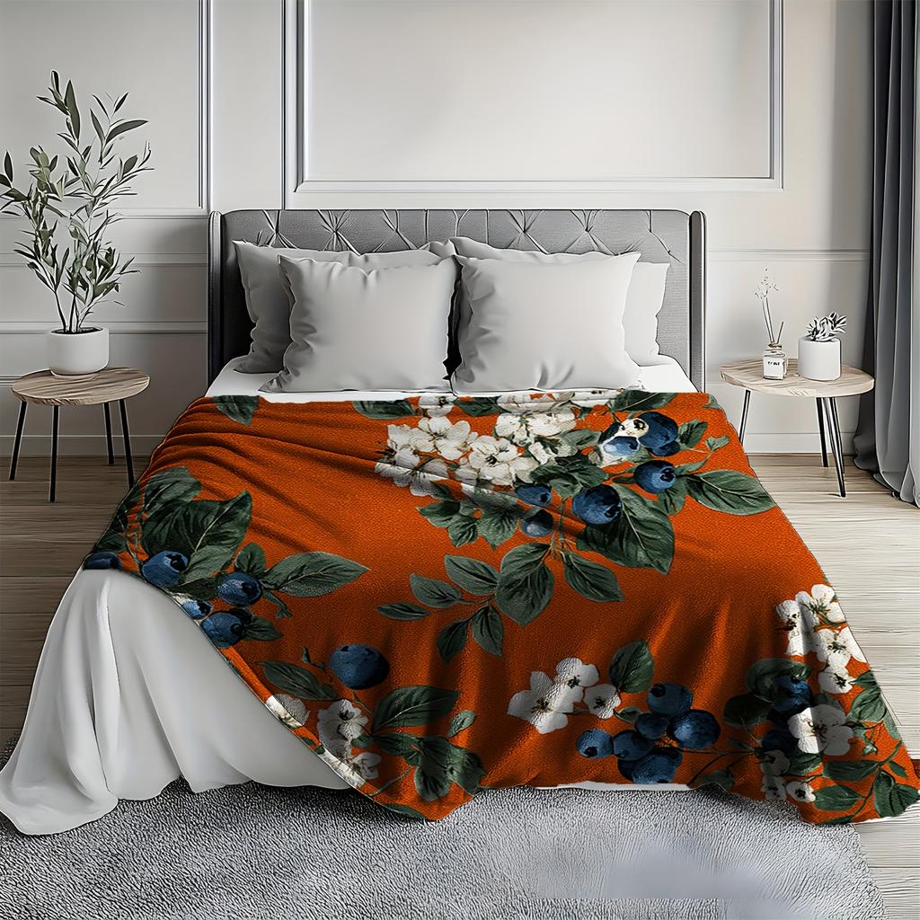 1pc Zeal Lily Vintage Floral Throw Blanket - Soft Flannel All-Season Warmth, Cozy Orange & Navy Blue with White Flowers & Green