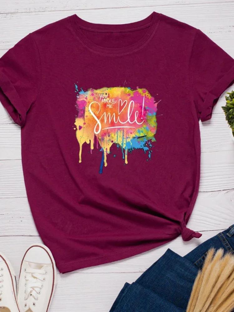 You Make Me Smile Multicolor Print Women T Shirt Short Sleeve O Neck Loose Women Tshirt Ladies Tee Shirt Tops Camisetas Mujer