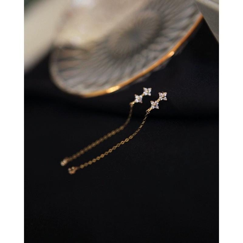 S925 Sterling Silver Clover Diamantové náušnice pro ženy Zajímavý design Zirkonový květ Dlouhé náušnice řetízkové náušnice