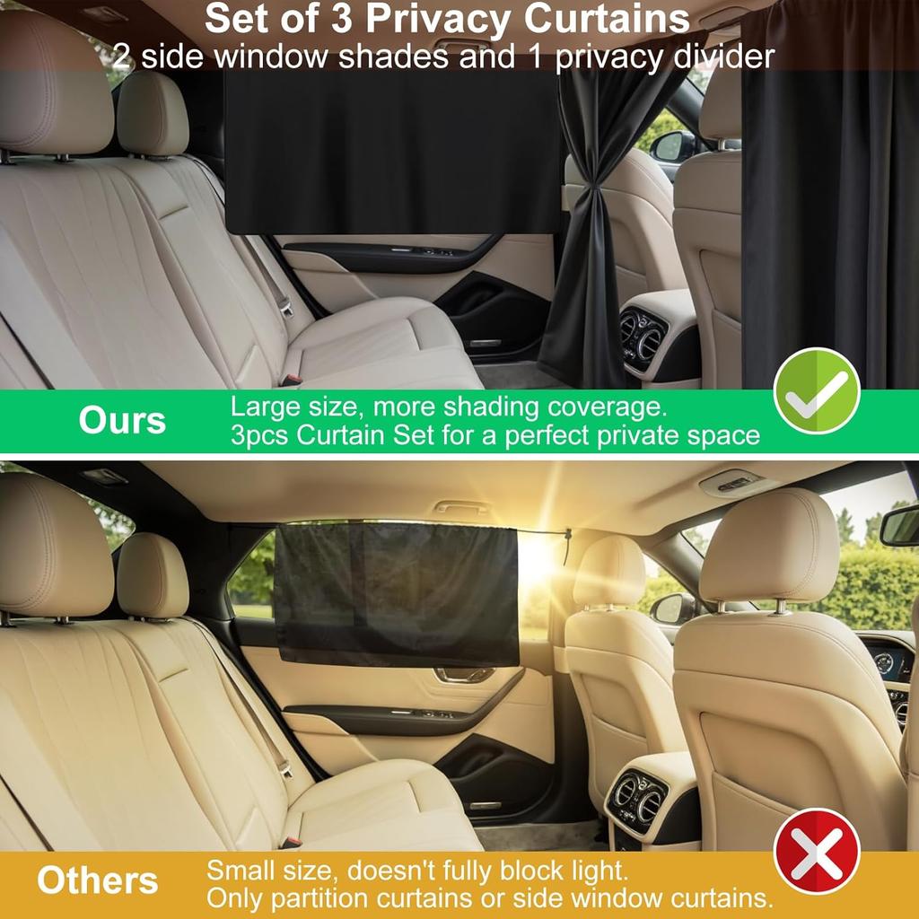Set Of 3 Car Window Shades, 1 Rear Seat Divider Curtain & 2 Rear Side Window Sun Shades, 95% Light Blocking Car Window Covers Privacy Protection