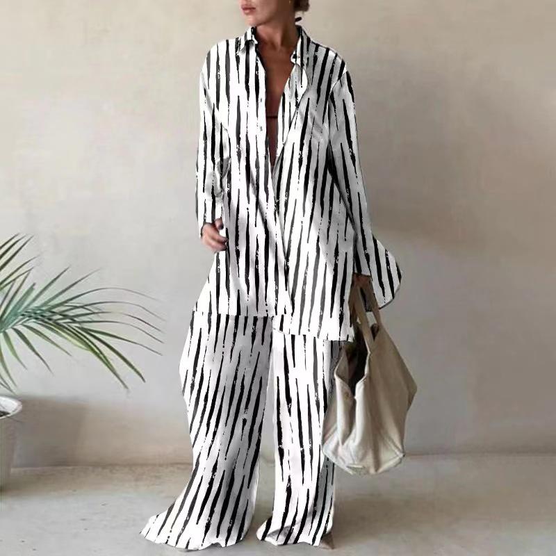 2022 Women's Fashion Print Set: Loose Long-Sleeve Shirt + Straight-Leg Pants