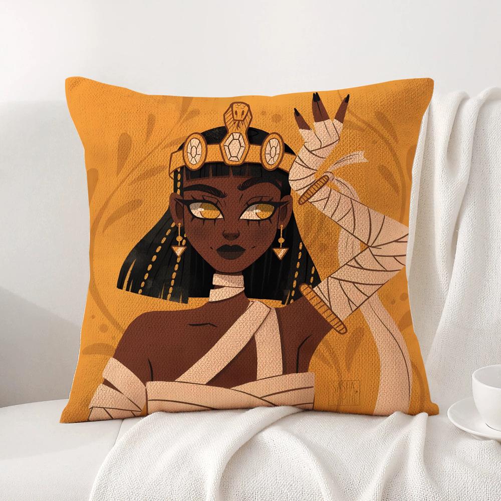 Cartoon Ancient Egyptian Cushion Cover Natural Linen Organic Fabric DoubleSided Printing Sofa Home Decor Breathable Bed Pillow