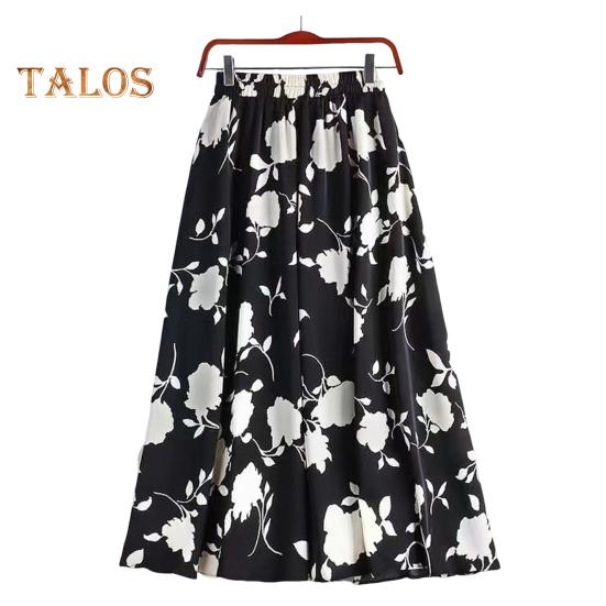 

Женская юбка, эластичная юбка А-силуэта с высокой талией, принт в виде цветка розы, юбка миди с плиссированным подолом, для работы, отдыха, повседневной носки M чёрный