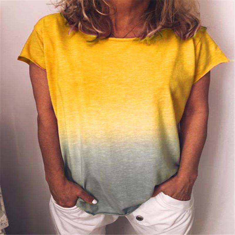 Women's Summer Rainbow Gradient Printed Round Neck Short Sleeve Loose T-shirt