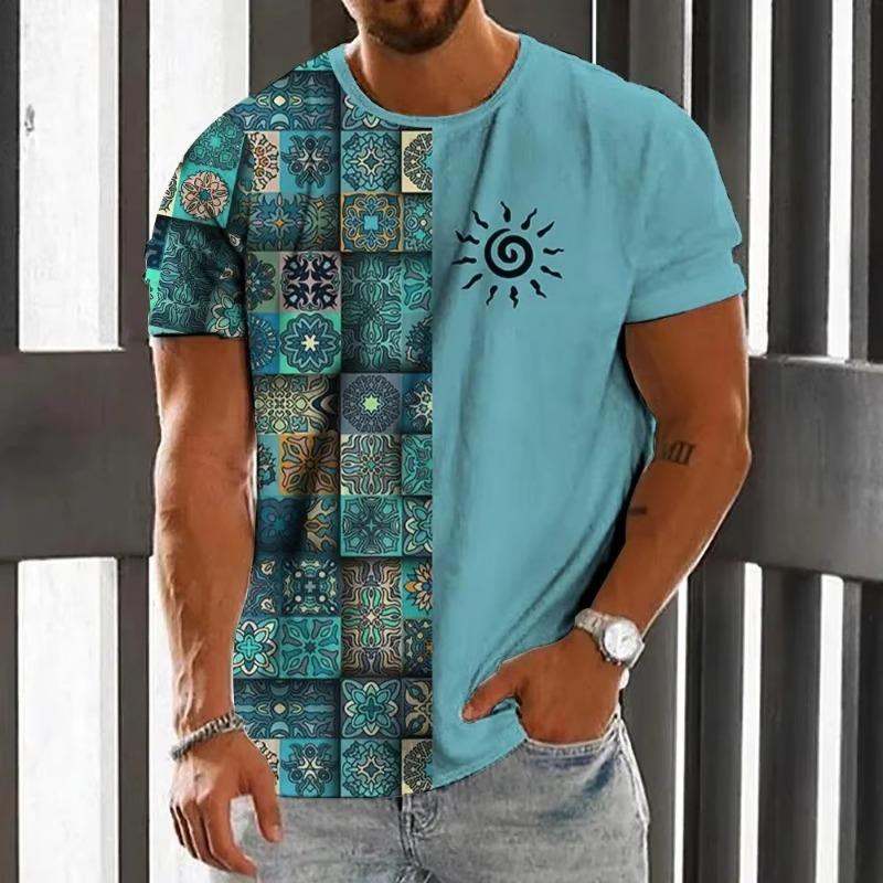 Summer Round Neck 3D Color block Print Top Fashionable Casual Short Sleeved Men's T-shirts