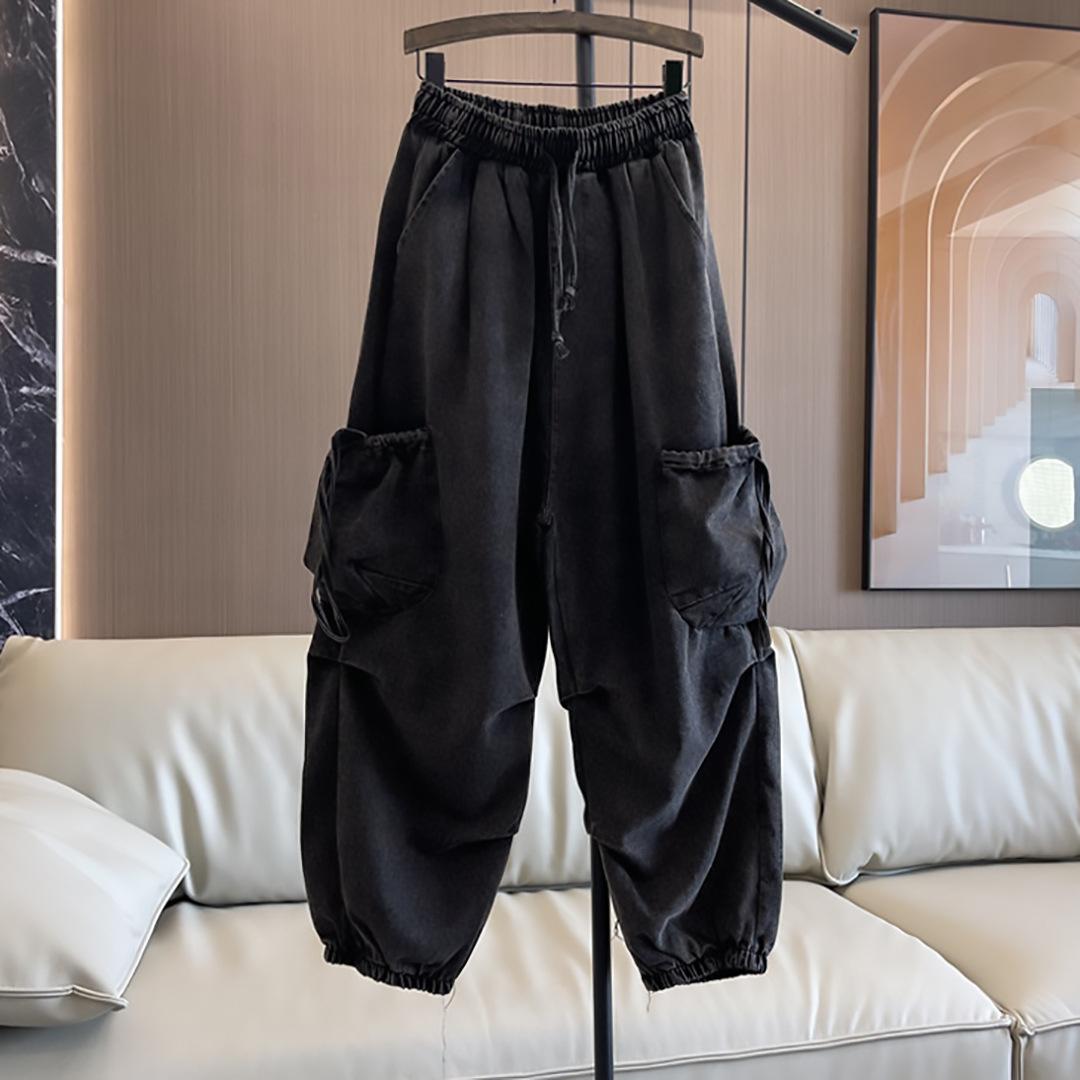 Solid color casual big pocket overalls women s spring and autumn new loose versatile meat covering folds texture elastic waist drawstring S