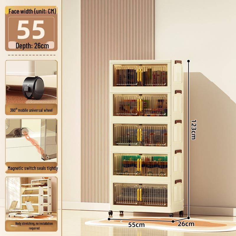 40-60cm Wide Transparent Foldable Double Door Floor Storage Cabinet with Multiple Layers