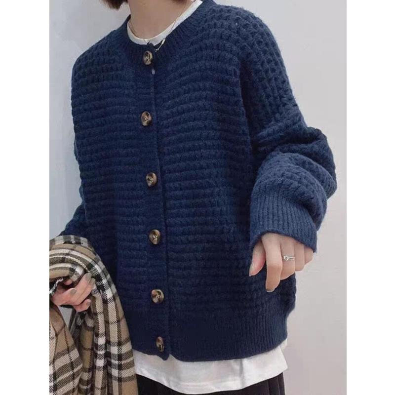 

Retro Crew Neck Cardigan Fashion Women s Sweater Autumn and Winter Loose Jacket Outside Wear Knitted Casual Simple Buttons Coats Solid Color Clothing One size темно-синий