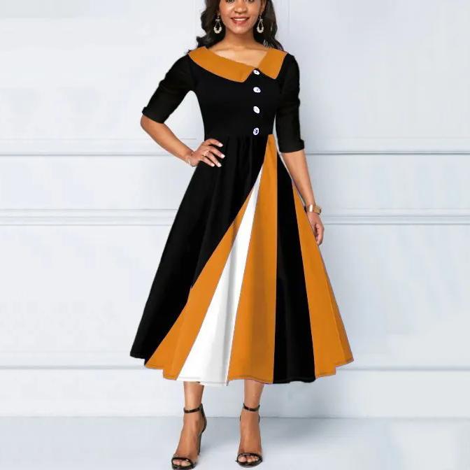 Lapel Contrast Color Stitching Single Button Waist Short Sleeve Dress