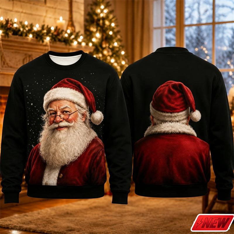 Christmas Crew Neck Sweater Men Vintage Santa Claus 3d Print Pullover Top Xmas Snowflake Graphic Casual Novelty Festival Hoodies