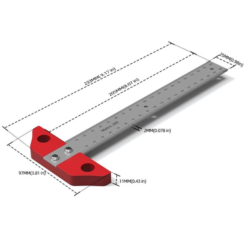 8inch/200mm Aluminum Carpenter Woodworking Tool Scribing Ruler T Square Ruler Inch Metric Measuring Ruler Layout Tool