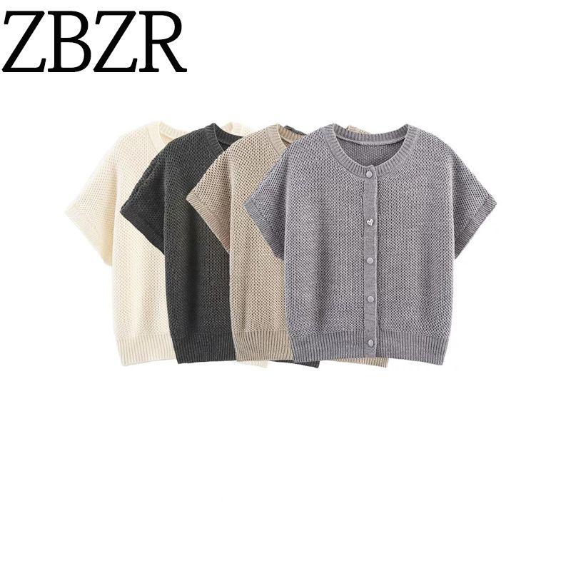 Zbzr Spring New Women clothes Western Style Fashion Simple round Neck Fishing Net Needle Waistcoat Sweater vest Cardigan