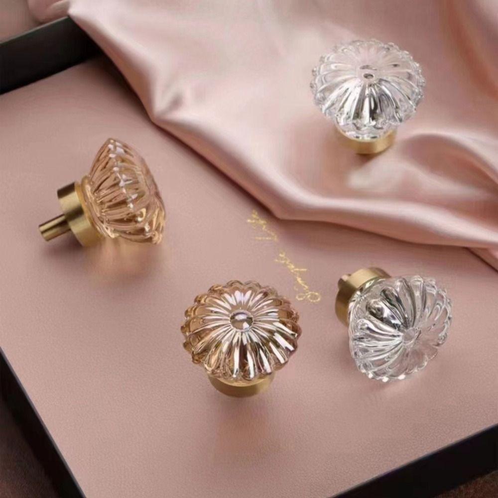 Gold Base Kitchen Cabinet Knobs Champagne / Transparent Drawer Pull Handles  Dresser Drawer