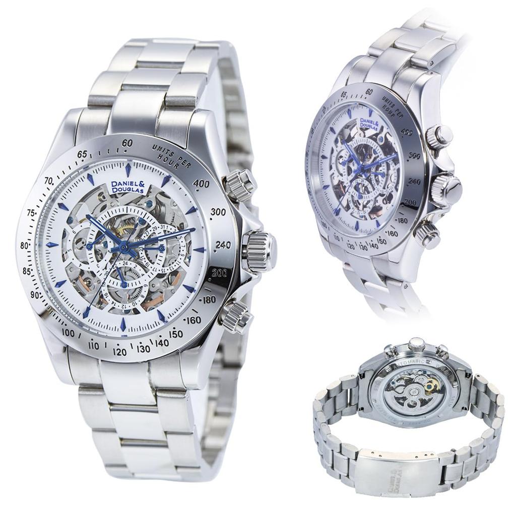 DANIEL DOUGLAS Automatic Mechanical Skeleton Watch In Silver and Black and & Men's (White Blue)
