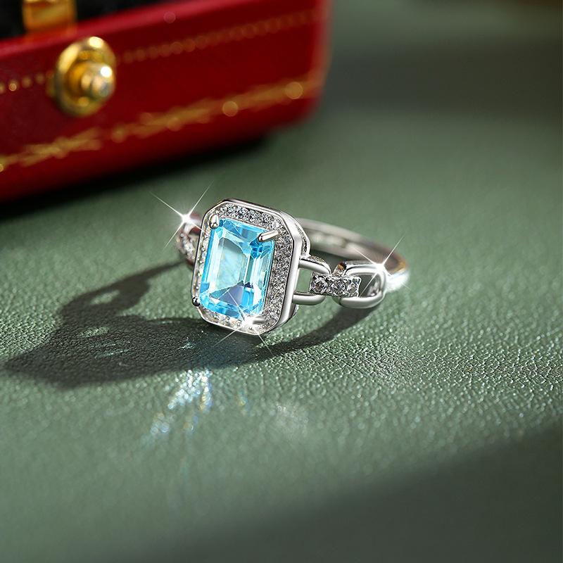 S925 Sterling Silver Square Natural Crystal Ring, Paved Colored Gems Adjustable Band, Luxury European Style Jewelry for Women, Daily Wear & Gift