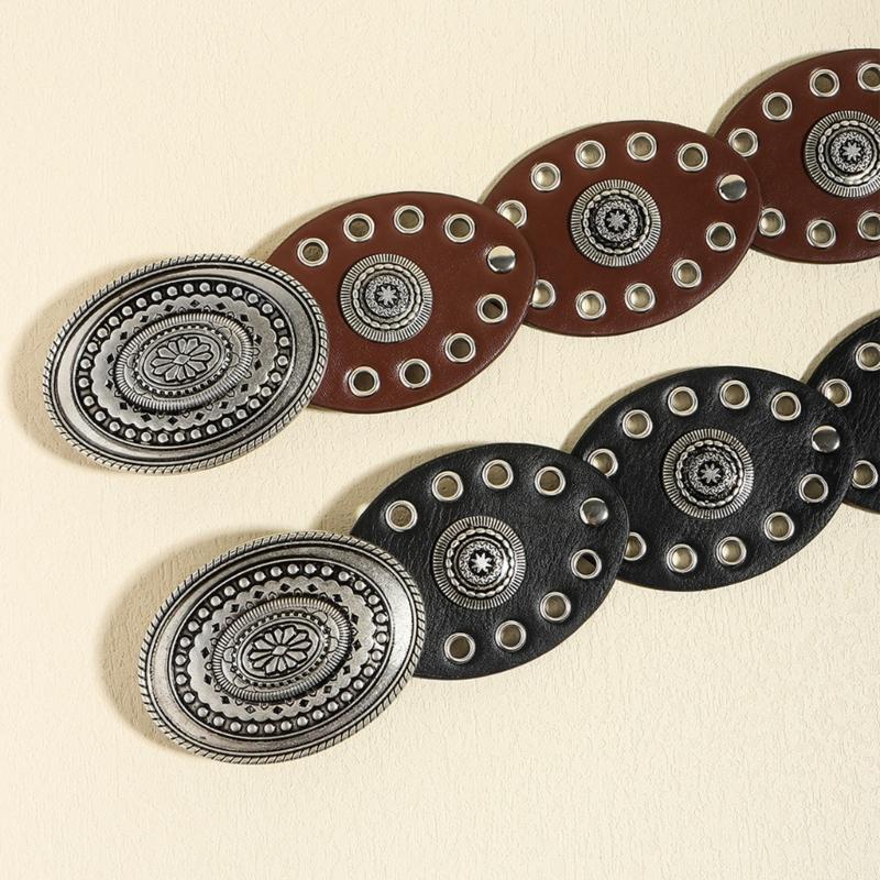 Oval Eyelets Belt for Women Bohemian Style Waist Belt Hollowed Out Wide Belt for Teens Girls Female Western Cowboy Belt